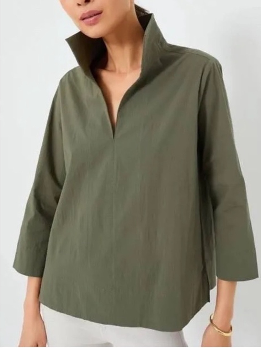 Tuckernuck Women’s Sullivan Stand Collar 3/4 Length Blouse in Olive Size XL